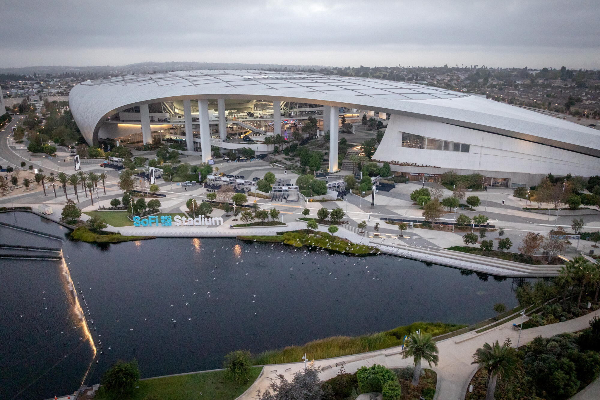 Aerial view of SoFi Stadium in Inglewood.