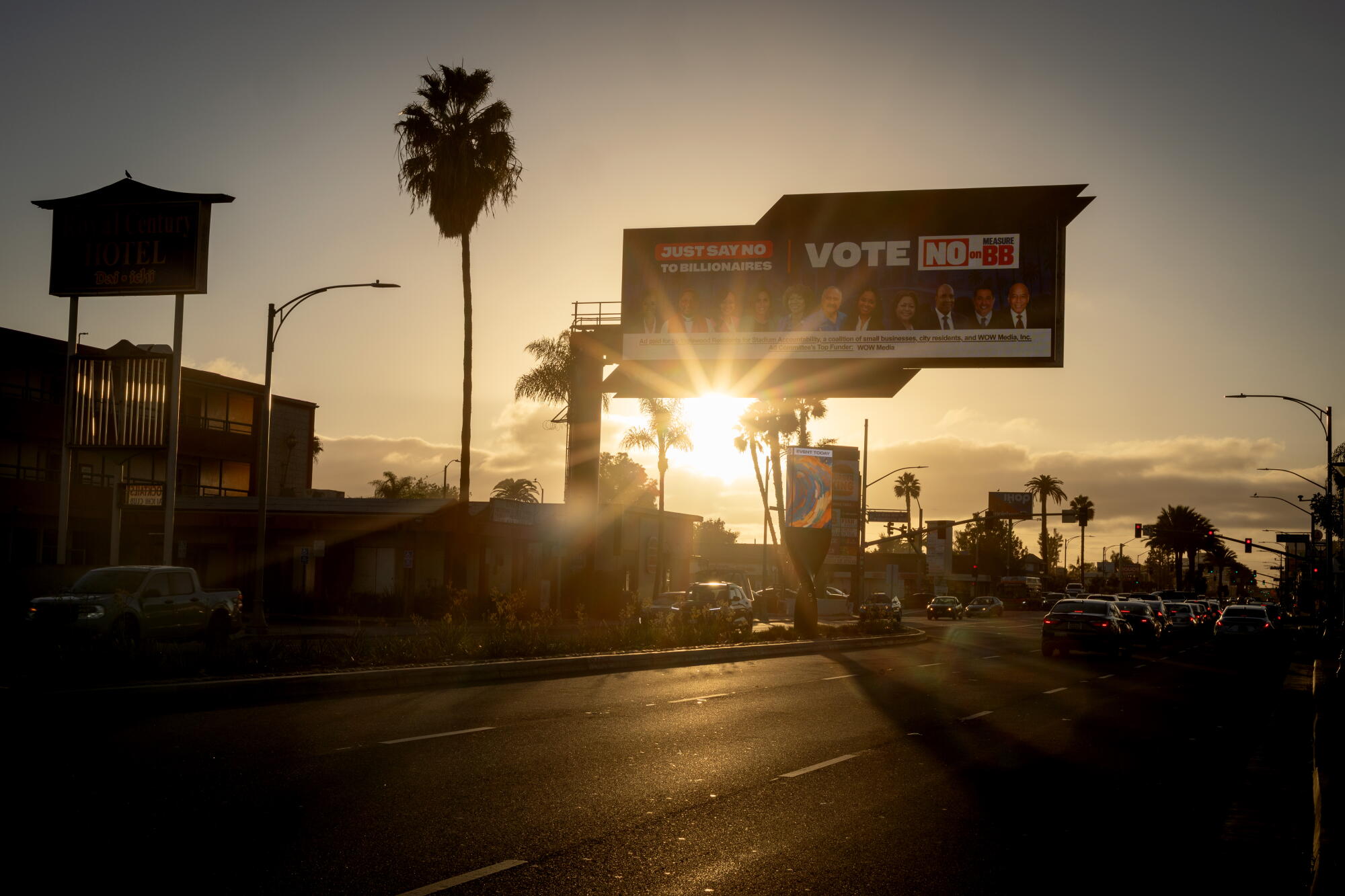 Electronic billboards on Century Boulevard in Inglewood.