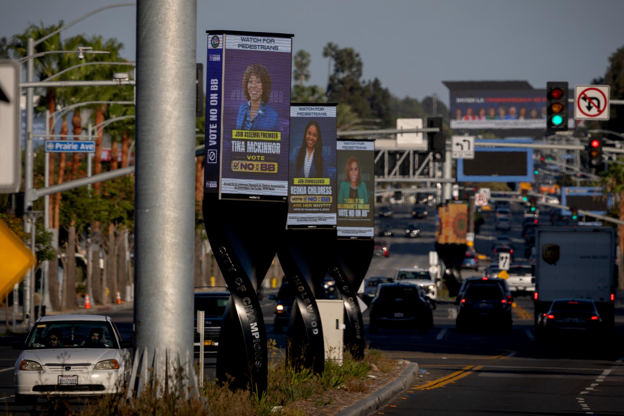 Electronic billboards can be seen everywhere along Century Boulevard in Inglewood.