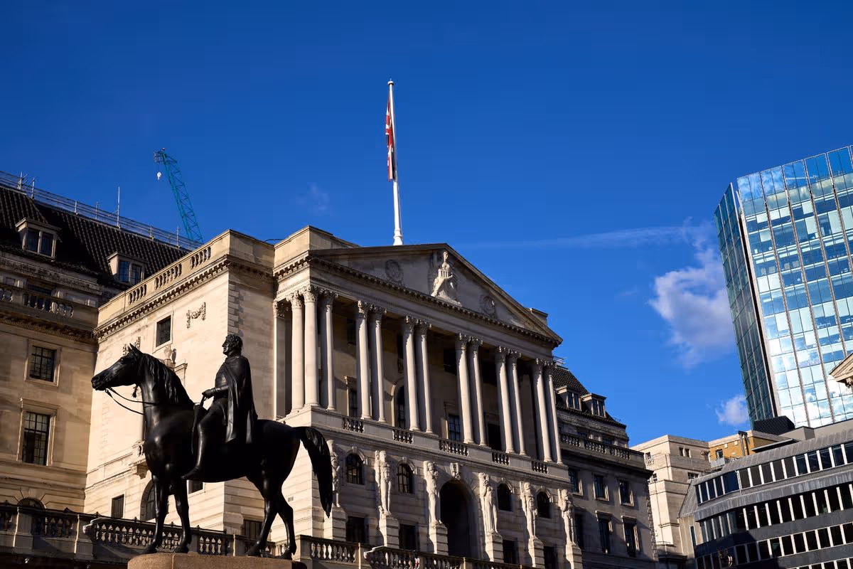 The Bank of England building in London with the Union Jack on top