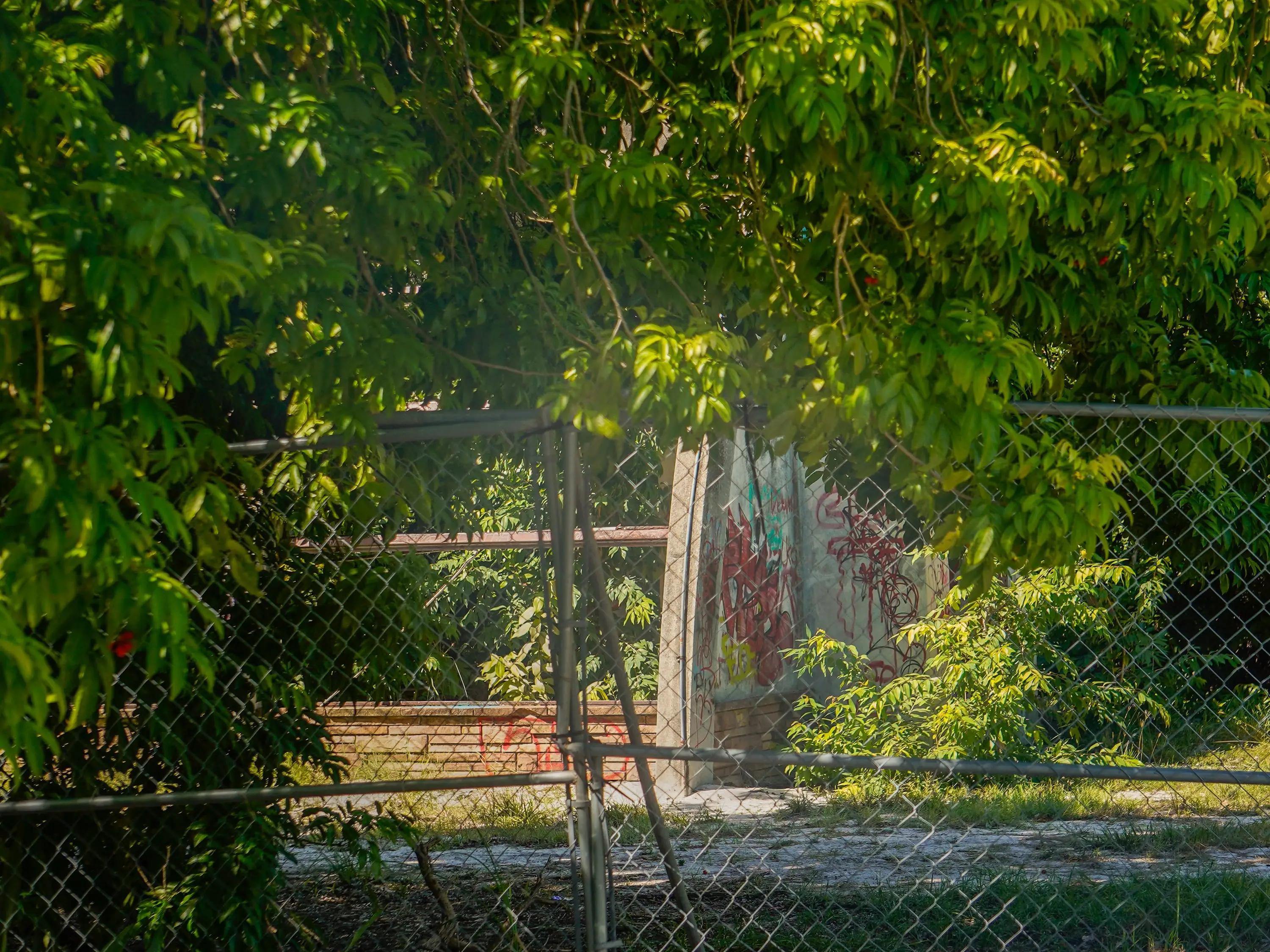 The abandoned structure extends beyond the fence