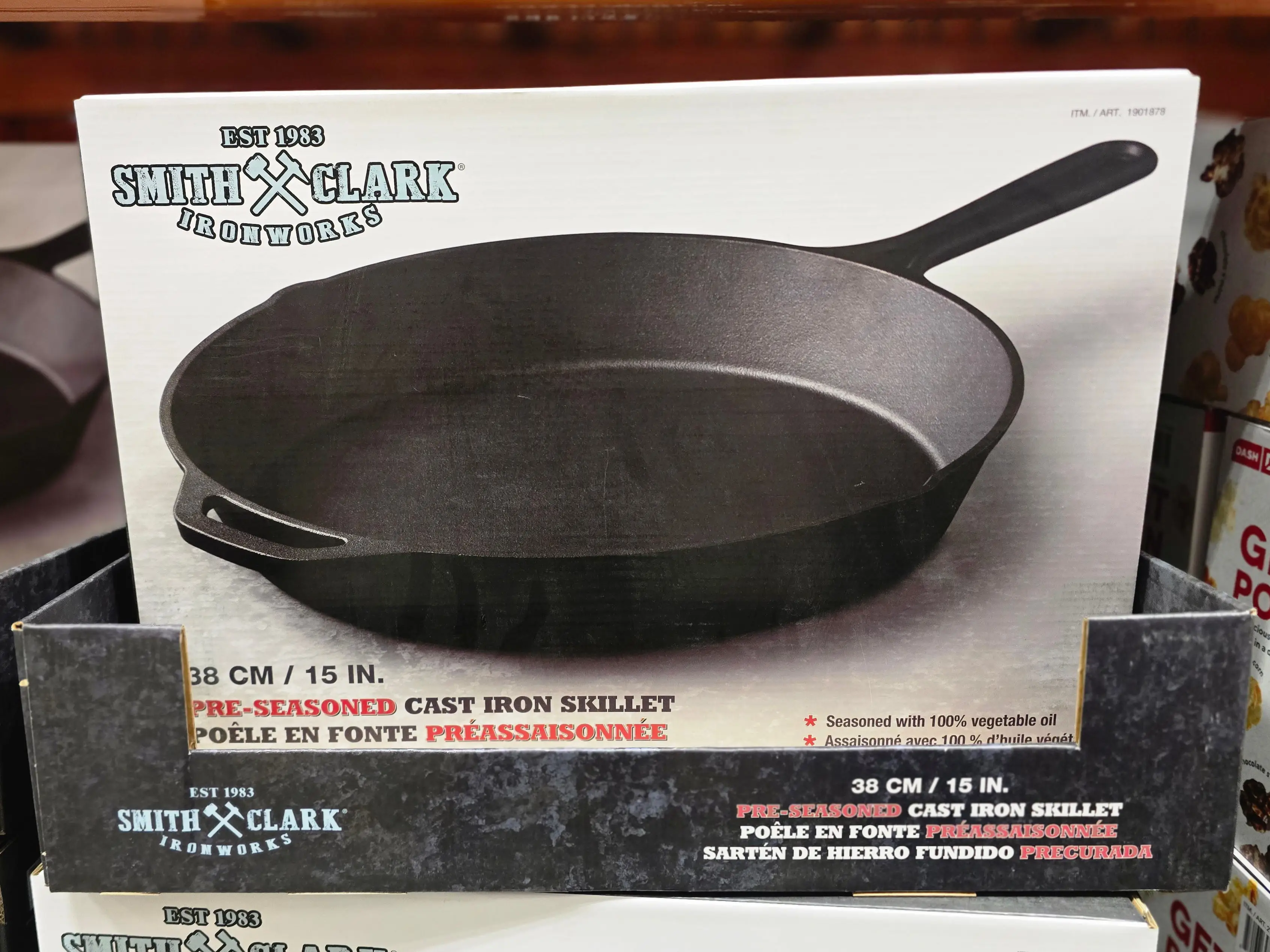Smith Clark cast iron pans in a box at Costco.