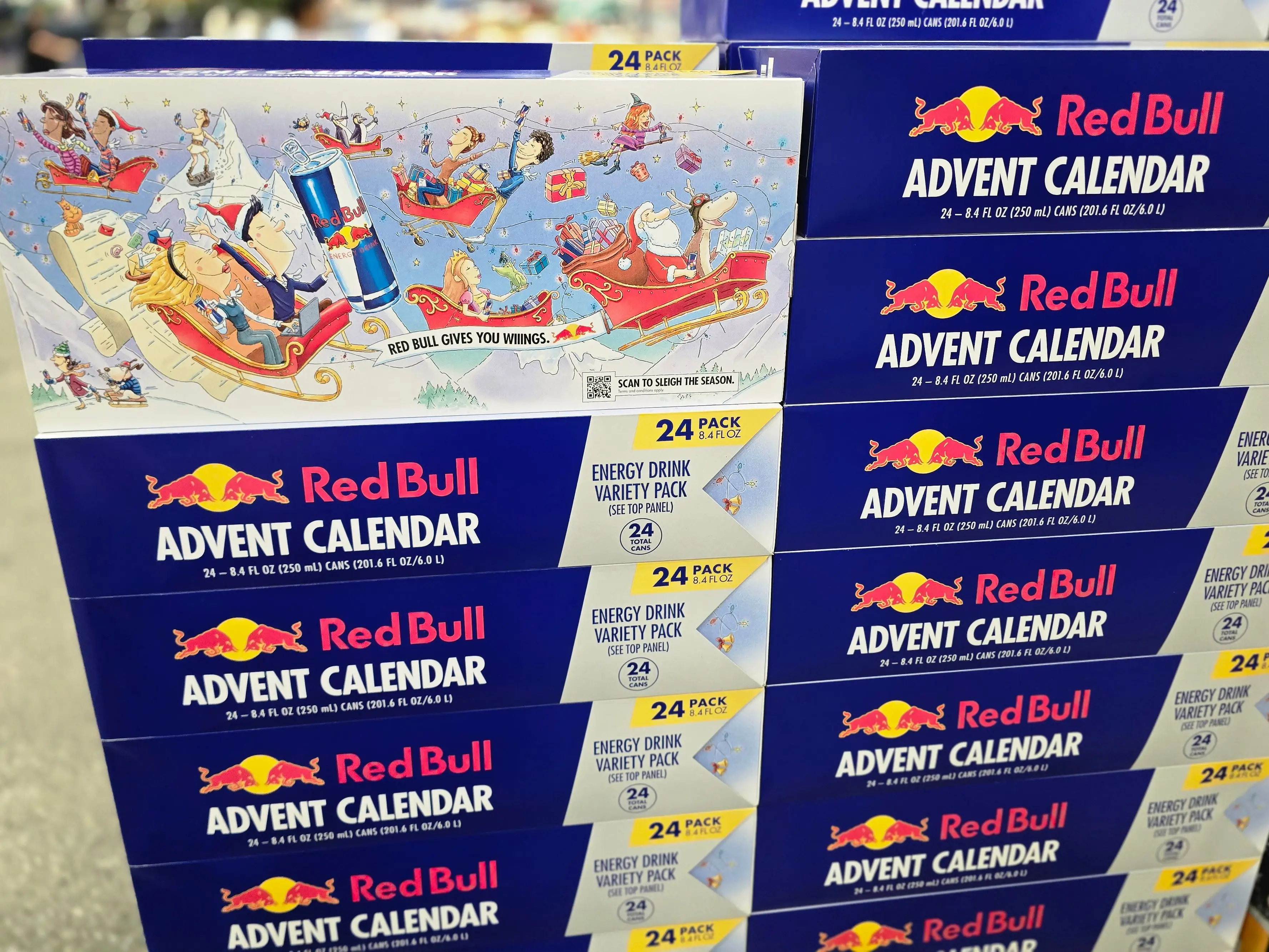 Red Bull advent calendar boxes are on display at Costco.