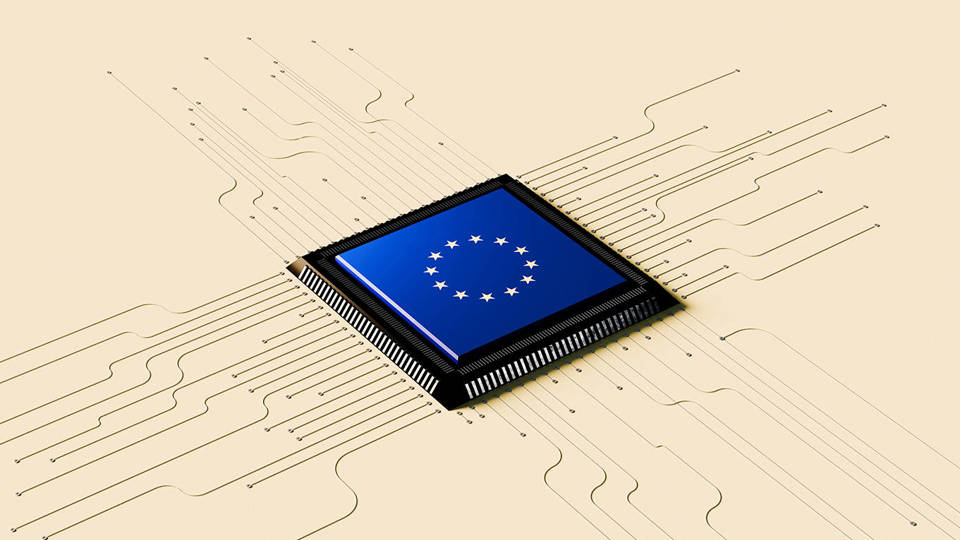Computer chip with the EU flag on it.