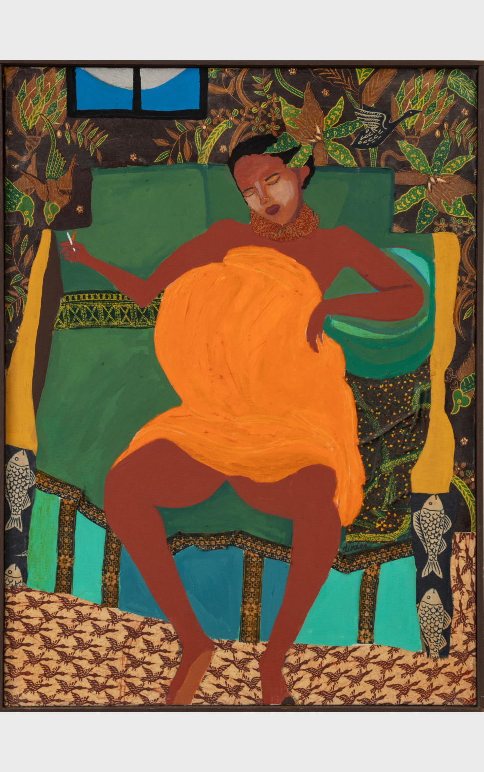 A mixed-media painting by Dindga McCannon depicting a pregnant Black woman in an orange dress reclining in a green chair, surrounded by patterned fabric and floral motifs.