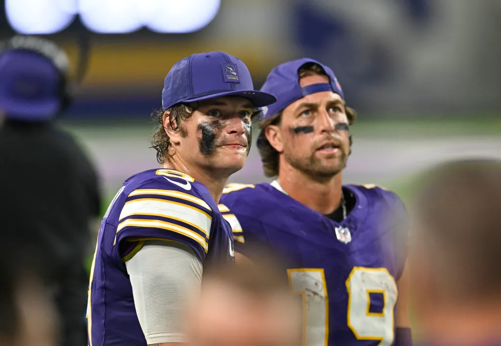 Minnesota Vikings players on the field during the game against the Atlanta Falcons.