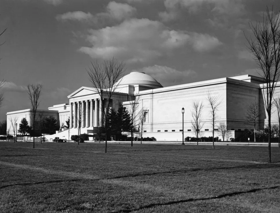 An exterior view of the National Gallery of Art, Washington, DC, United States, circa 1940