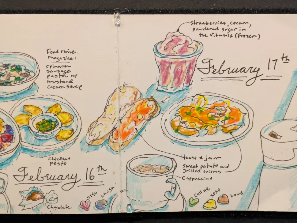 A hand-drawn journal page depicts colorful sketches of meals, drinks and desserts labeled with dates and handwritten notes.