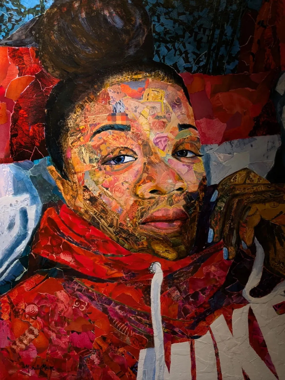 A richly textured collage portrait depicts a person in a red hooded sweatshirt against a dark multicolored background.