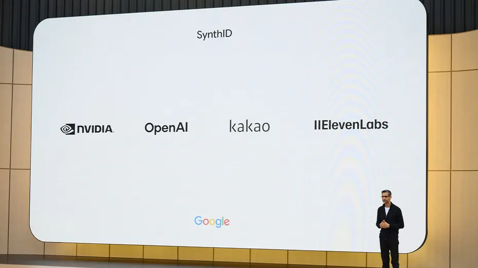 Google CEO Sundar Pichai on stage during a presentation featuring AI technology partners