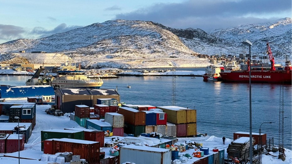 A view of a container ship in the harbor in Nuuk, Greenland.