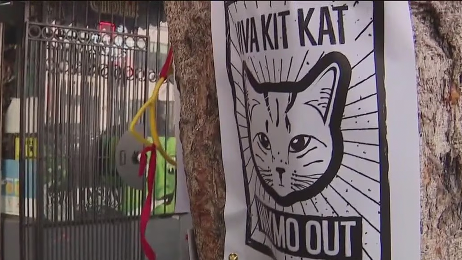 A warning sign featuring a picture of a KitKat cat and the word