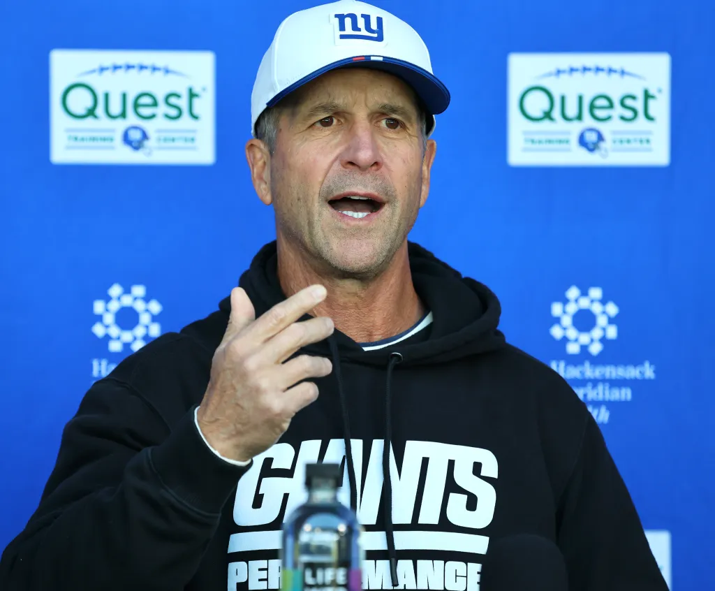 New York Giants head coach John Harbaugh speaks to the media after practice.