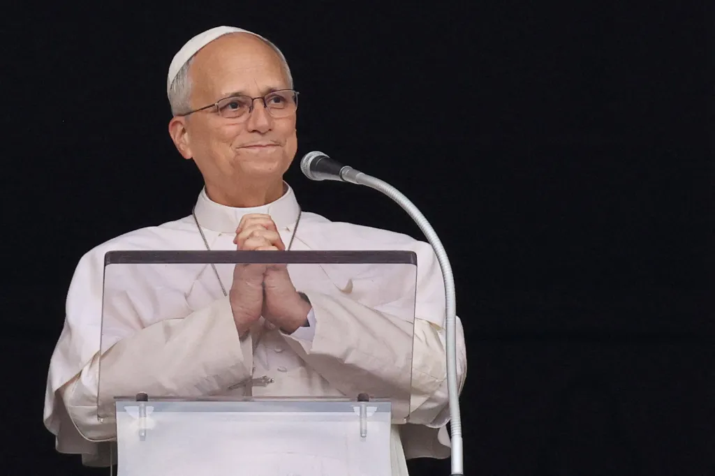 Pope Leo leads Sunday Angelus prayers from the windows of the Apostolic Palace.