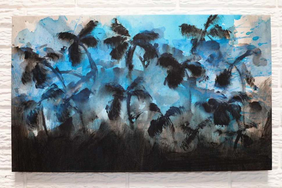 A blue, black and gray painting of a lush tropical landscape with palm tree silhouettes and gestural paint.